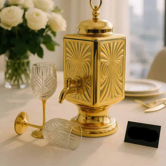Royal Luxe Gold Beverage Dispenser with Crystal Glasses
