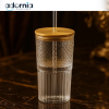 Premium Textured Glass Tumbler with Bamboo Lid & Straw – 500ml