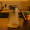 Amber Ribbed Glass Jug with Wooden Lid & Handle – Premium Water & Juice Server