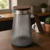Premium Smoky Ribbed Glass Jug with Wooden Lid & Handle – Heat Resistant, Elegant Serveware