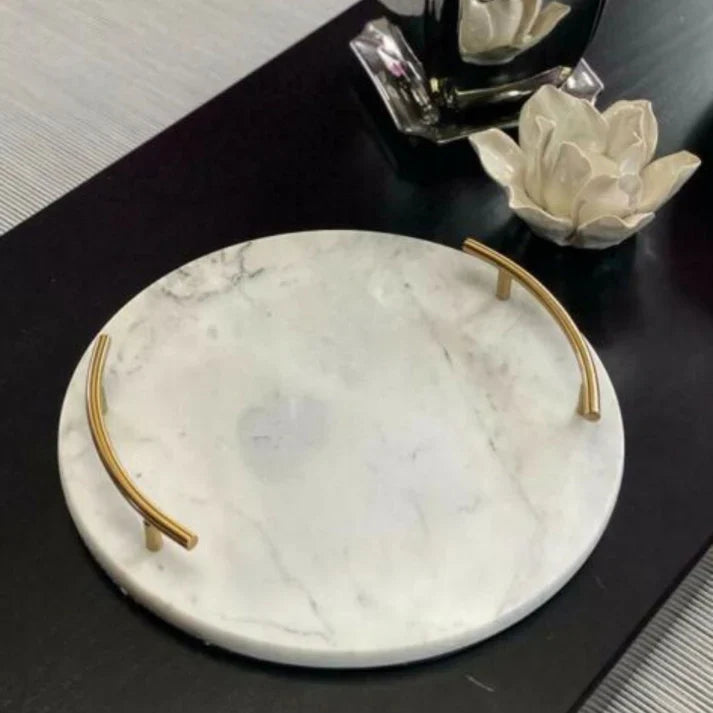 MODERN WHITE MARBLE TRAY WITH GOLD HANDLE