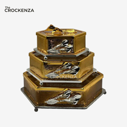 Luxury Gold Finish 3-Piece Candy Jar Set Decorative Tableware with glass base and lid