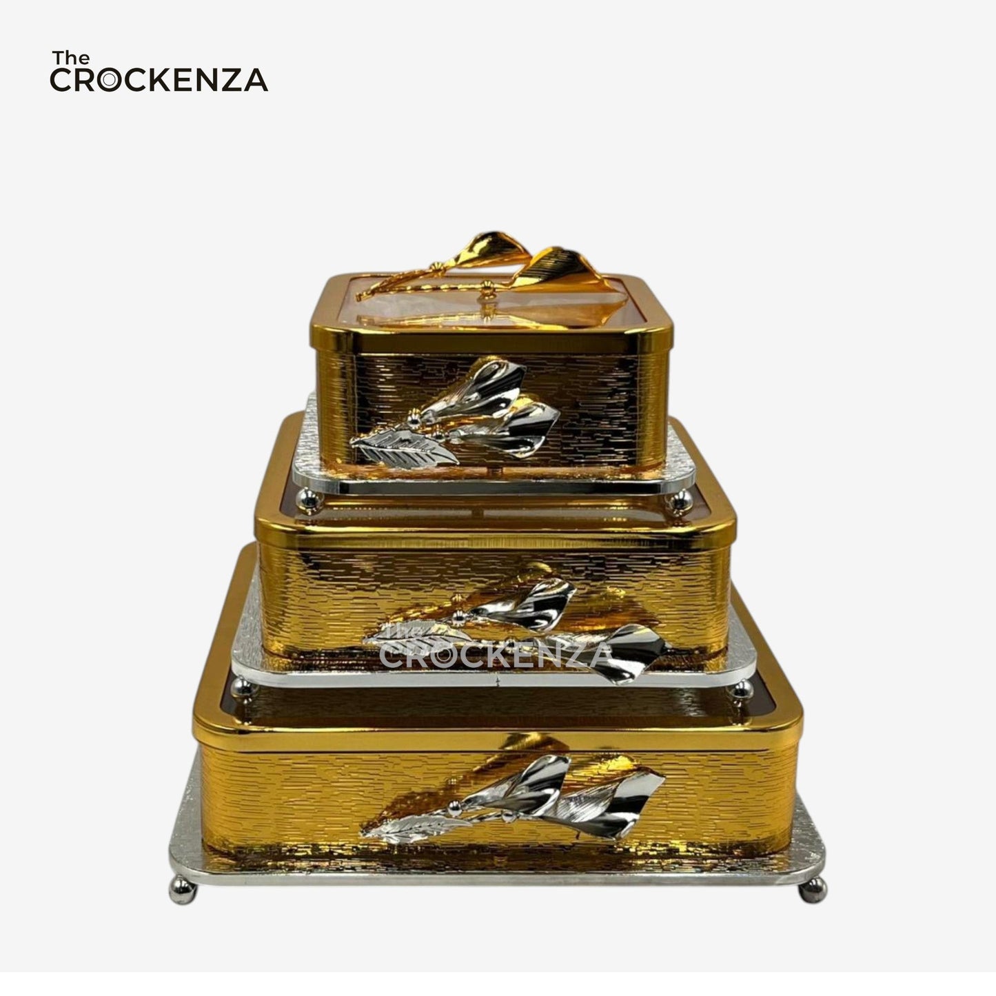 Luxury Gold Finish 3-Piece Candy Jar Set Decorative Tableware with glass base and lid