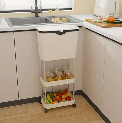 Kitchen Trash Can with Lid, Garbage Bin with Storage Rack, Narrow Waste Basket
