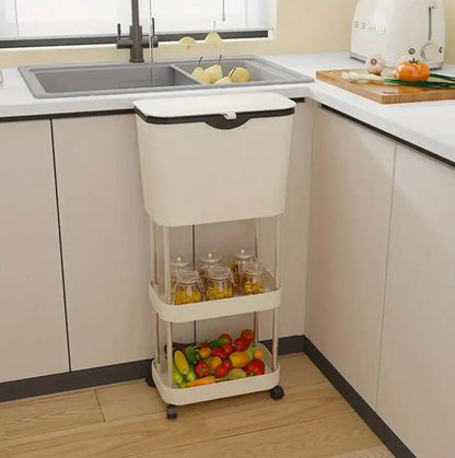 Kitchen Trash Can with Lid, Garbage Bin with Storage Rack, Narrow Waste Basket