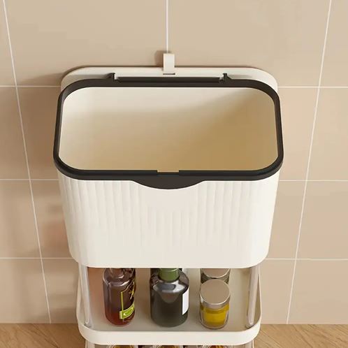 Kitchen Trash Can with Lid, Garbage Bin with Storage Rack, Narrow Waste Basket
