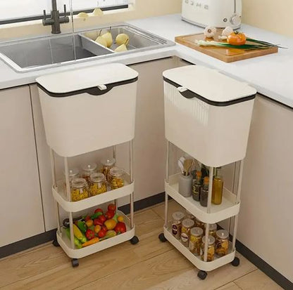 Kitchen Trash Can with Lid, Garbage Bin with Storage Rack, Narrow Waste Basket