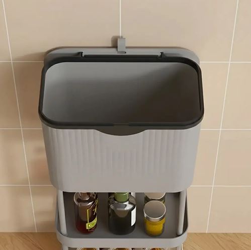Kitchen Trash Can with Lid, Garbage Bin with Storage Rack, Narrow Waste Basket