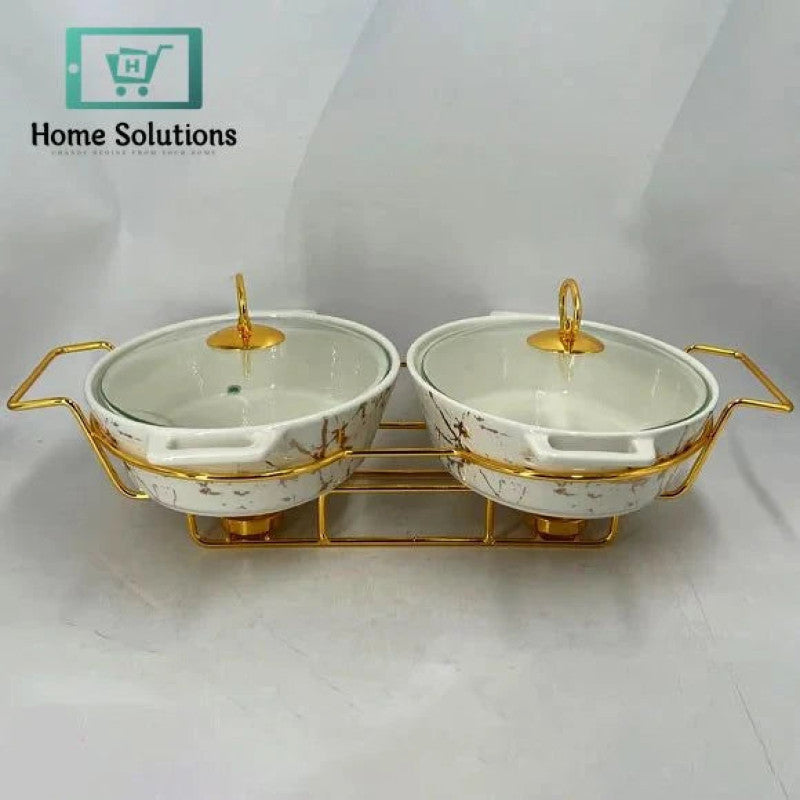 Twin Oval Ceramic Chafing Dish Buffet Set – 11-Inch Marble Finish Food Warmers