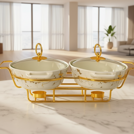 Twin Oval Marble Chafing Dish Set 11 cm – Double Ceramic Food Warmer with Gold Metal Frame