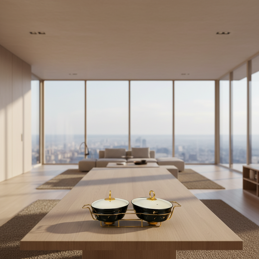 TWIN OVAL MARBLE CHAFING DISH SET 11 CM – DOUBLE CERAMIC WITH GOLD FRAME - BLACK MARBLE