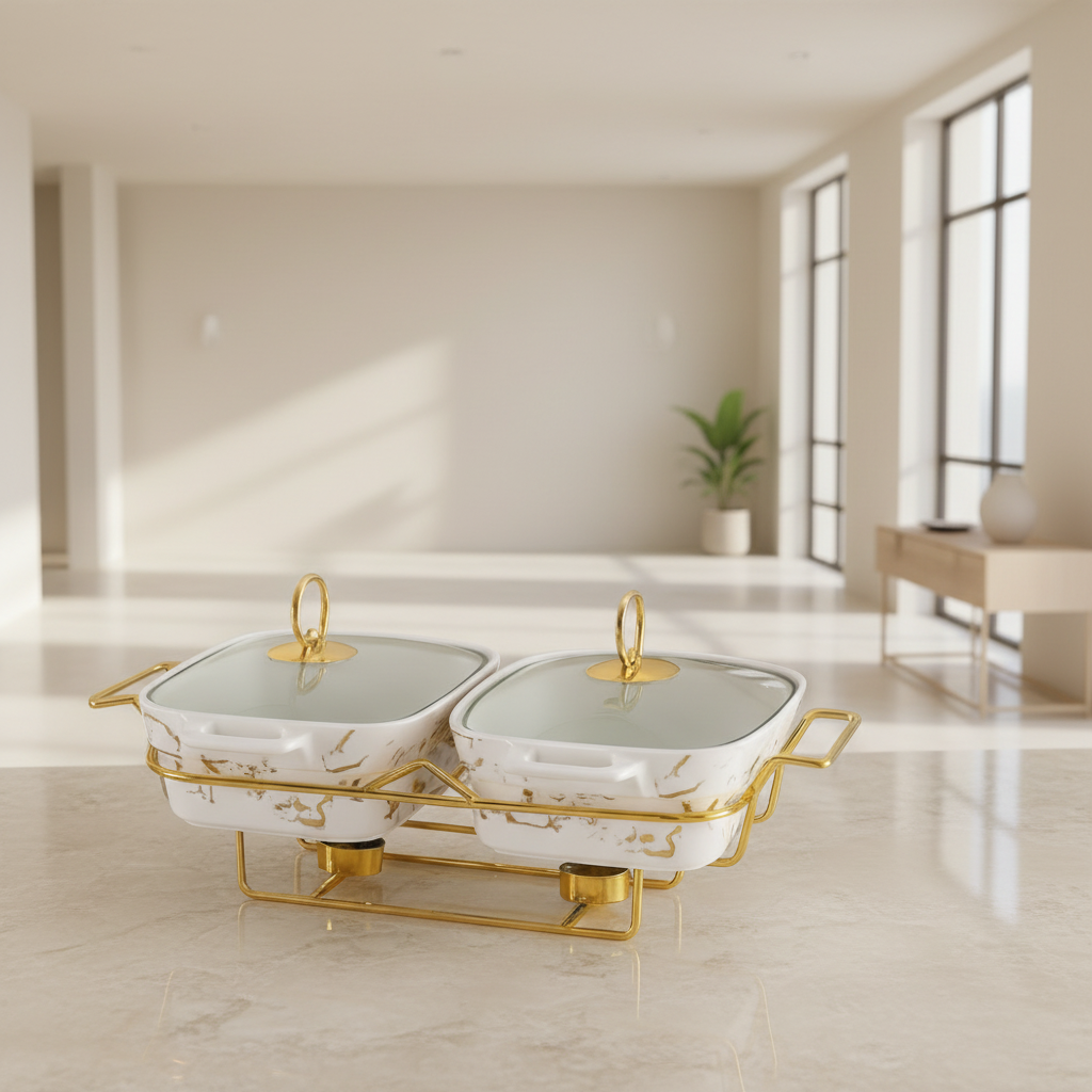 Twin Rectangular Marble Chafing Dish Set 11.5" – Double Ceramic Food Warmer with Gold Metal Frame