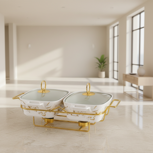 Twin Rectangular Marble Chafing Dish Set 11.5" – Double Ceramic Food Warmer with Gold Metal Frame