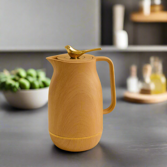 Luxury Brown 1L Vacuum Insulated Thermal Kettle | Gold Bird Handle Coffee & Tea Flask for Elegant Dining