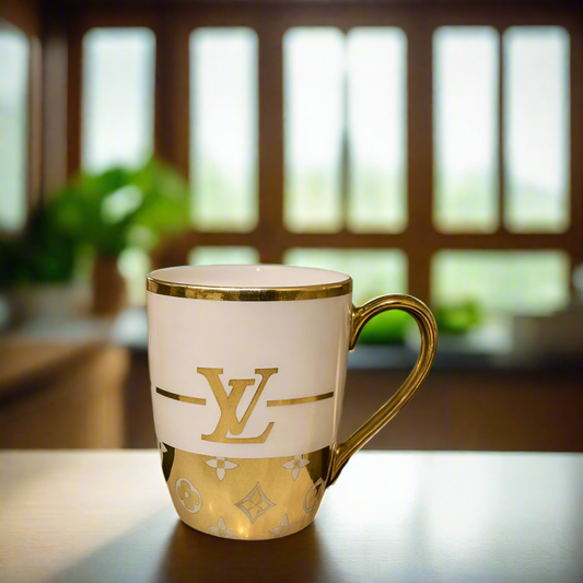 White & Gold Monogram Ceramic Mug | Elegant Personalized Coffee & Tea Cup for Home, Office & Café