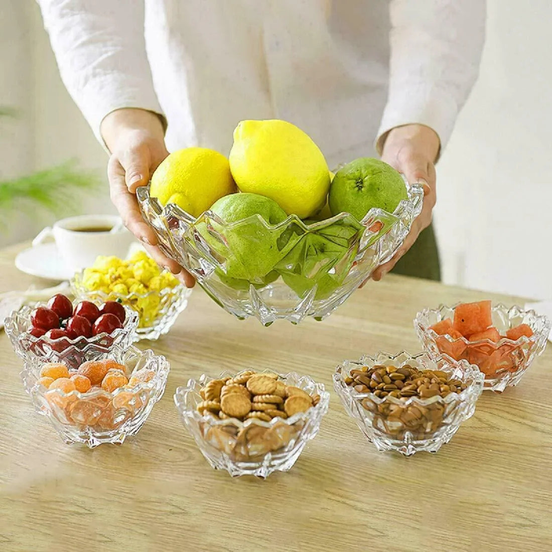 7 PIECE GLASS BOWLS SET FRUIT TRIFLE CRYSTAL CUT SET BOWLS DESSERT ICE CREAM