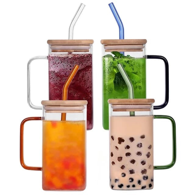 Pack of 2-Square Drinking Glasses With Bamboo Lids And Straws