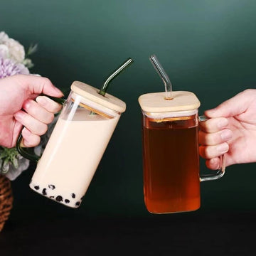 Pack of 2-Square Drinking Glasses With Bamboo Lids And Straws