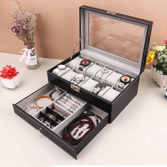 12 Slots Double layer PU Leather Watch Storage Box