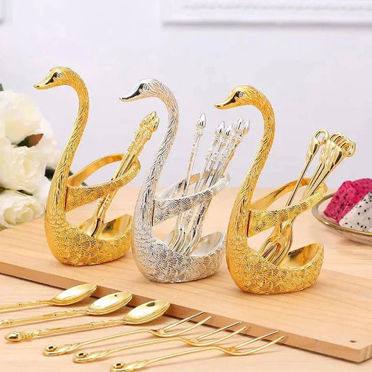 STAINLESS STEEL SWAN SHAPED TEA SPOON HOLDER WITH 6 SPOONS