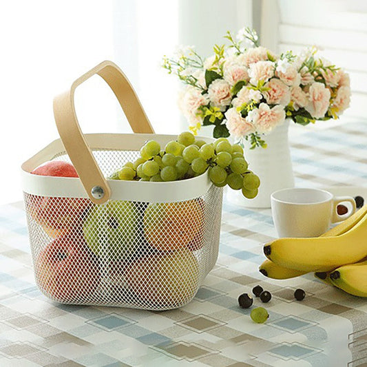 Kitchen Organizer Metal Wire Mesh Fruit Storage Basket with Wooden Handle