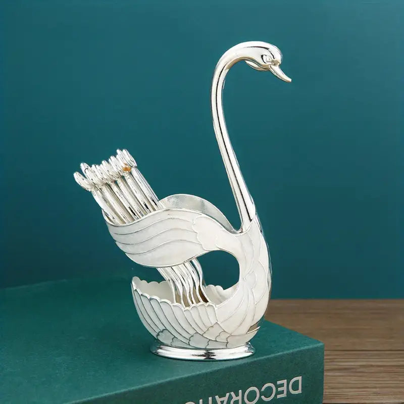 STAINLESS STEEL SWAN SHAPED TEA SPOON HOLDER WITH 6 SPOONS